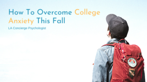 person with baseball cap and red backpack staring at words "how to overcome college anxiety this fall"