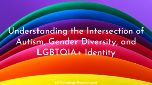 rainbow background with the words "Understanding the Intersection of Autism, Gender Diversity, and LGBTQIA+ Identity" overlayed in white